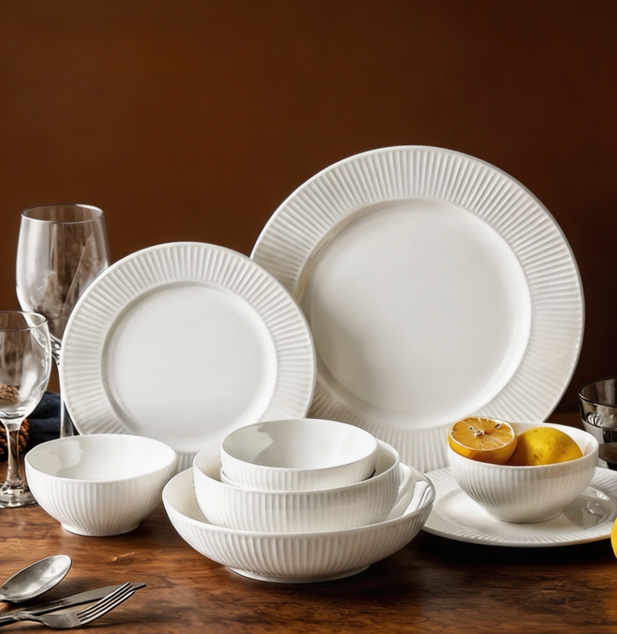 Set 6 Vajilla de Cerámica Acanalada · Blanco